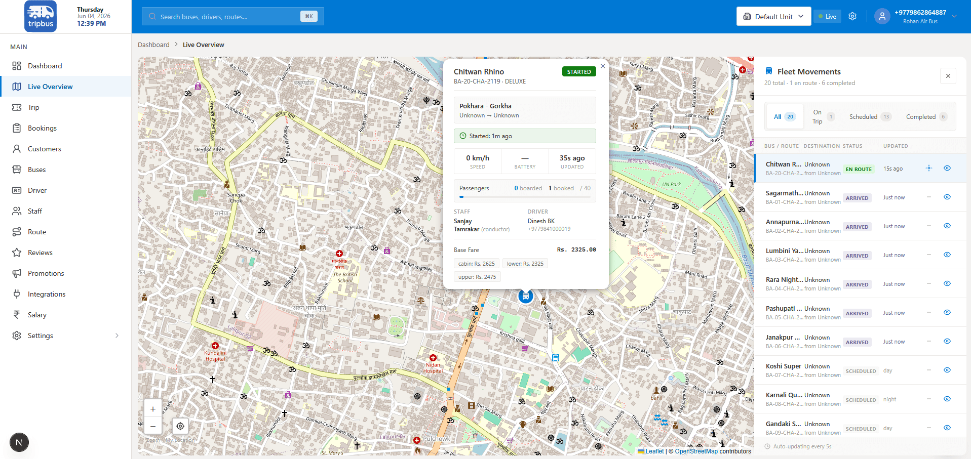 TripBus live overview showing moving buses on a city map