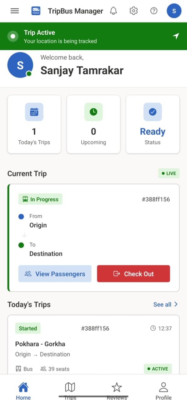 TripBus staff mobile app dashboard